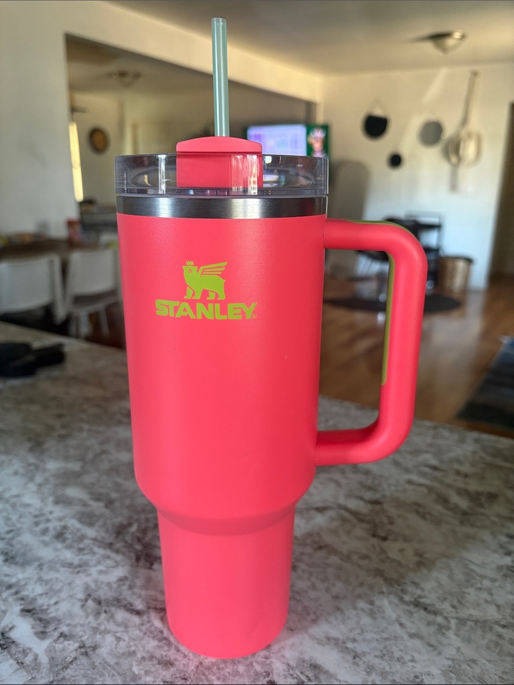 FLAWED Stanley Neon Coral Travel Mug with Handle and Mint Straw